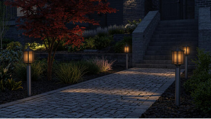 Illuminated Home Pathway with Garden Lighting at Dusk