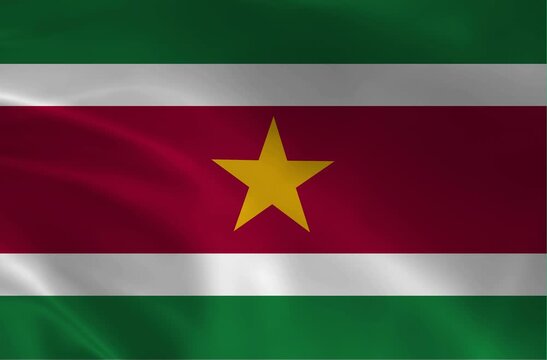 Suriname National Flag Waving in 4K, Republic of Suriname Symbol with Five-Pointed Gold Star and Stripes, Seamless Loop