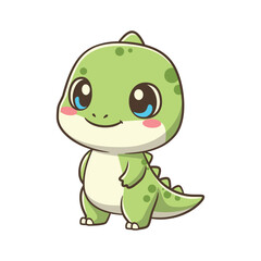 Naklejka premium Tiny green dinosaur character standing looking forward with big blue eyes