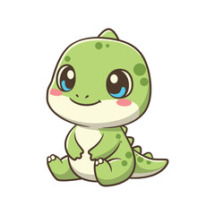 Naklejka premium Sitting green dinosaur character with a gentle and calm smiling face
