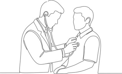 Single line continuous drawing depicts a caring medical doctor using a stethoscope to check the heartbeat of a male patient during a routine examination.