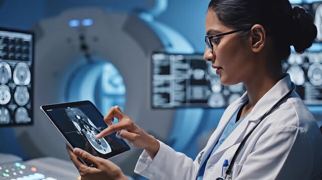 India doctor footage of medical professional reviewing MRI scan on tablet in front of CT scanner machine