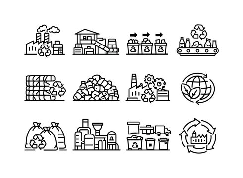 Industrial Recycling Icons. Industrial Recycling. Line icon set of Industrial Recycling: factory recycling process, material recovery facility, industrial