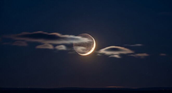 Thin Crescent Moon Glowing Behind Passing Clouds in a Dark Night Sky Marking the Islamic Month