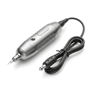 A silver electric nail drill with a black cord on a white background