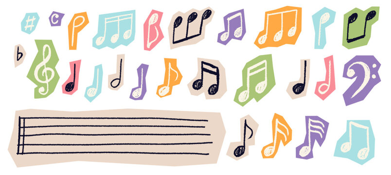 Collage music notes and signs set. Hand drawn crayon melody stickers, musical preschool education. Scrapbook decoration vector illustration set