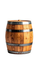 A wooden barrel with metal bands, isolated on a black background