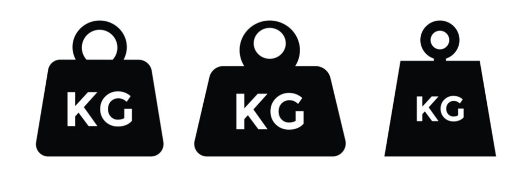 Weight and Kilogram Icon Set, Kettlebell and Dumbbell Symbols in Black and White Flat Vector Design for Measurement and Load Concepts
