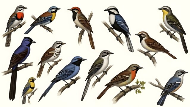 A Collection of Diverse Bird Species Perched on Branches, Showcasing Vibrant Plumage and Various Poses