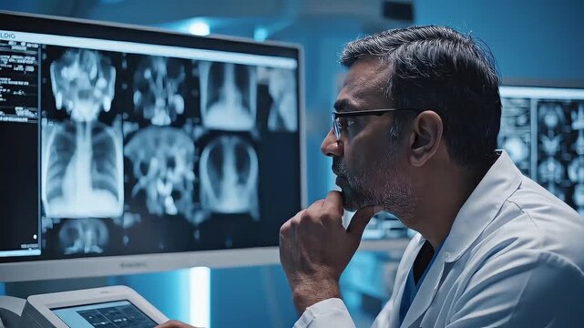 Indian doctor captured in evocative medical footage, intently studying patient X-rays on a high-tech monitor in a modern hospital setting