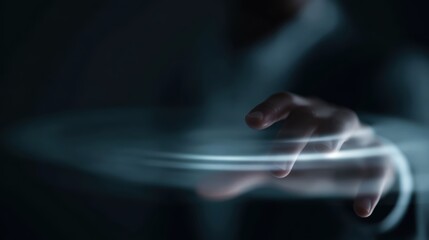 Obraz premium Business professional interacting with futuristic data interface using hand gestures in dark environment