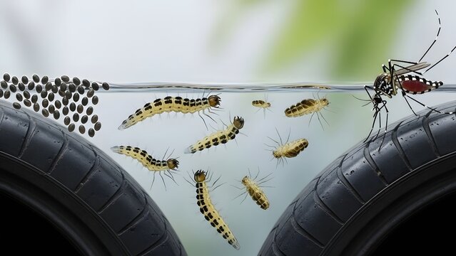 Mosquito larvae and eggs floating in stagnant water accumulated between two tires with a mosquito standing on the surface