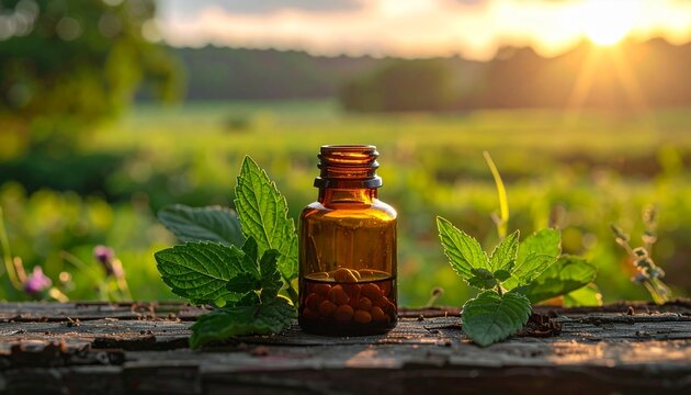 "Amber glass bottle on rustic wooden surface surrounded by fresh mint leaves, lush green field and golden sunset background, serene natural wellness atmosphere."