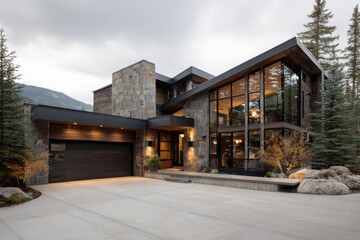Modern house design located in the mountains with large windows and stone materials surrounded by trees and a clear sky during the afternoon