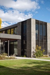 Fototapeta premium A contemporary structure is situated in a lush green space, surrounded by vibrant trees and fluffy clouds under the bright sun on a beautiful fall day