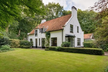 Obraz premium A charming white house features a striking red roof, nestled in a vibrant green garden. Towering trees provide shade, creating a peaceful oasis on a sunny day in a tranquil neighborhood