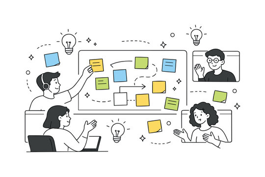 Creative Collaboration Flow. Online brainstorming session. A group adding ideas to a virtual whiteboard, sticky notes and lightbulb icons floating, creative