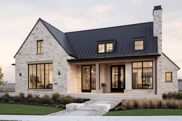 Fototapeta premium The architectural design features a contemporary house with a beautiful stone exterior and expansive windows, perfectly situated in a tranquil suburban neighborhood at sunset