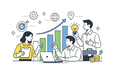 Business expansion illustration. Entrepreneurs discussing plans around rising bar charts and icons, representing growth and opportunity.