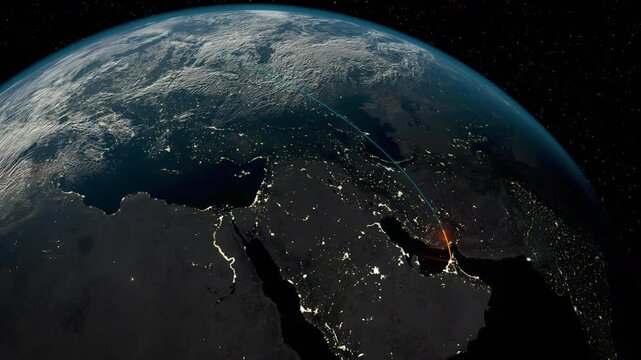 Paris to Dubai Earth flight path Globe Planet connecting country network. France to UAE Rotating Earth. Day Night City light out of space 3d Animation