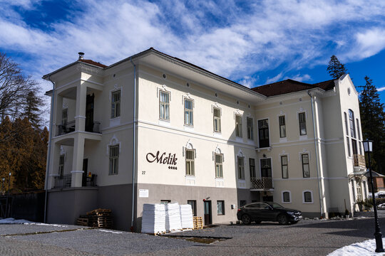 Borsec, Romania- 14 February 2026: Renewed guesthouse front view in the small town.