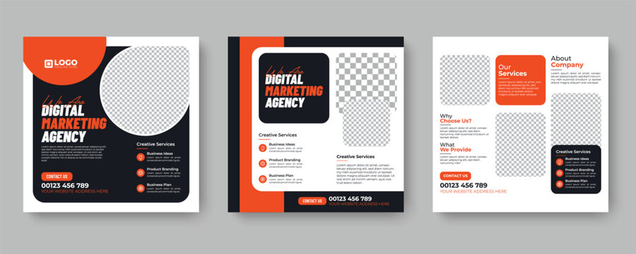 Set of digital marketing agency social media post templates in orange and black with creative layout