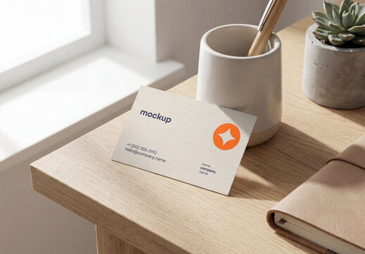 Business Card Mockup On Wooden Desk With Office Accessories, Minimalist Stationery Template On Table In Bright Interior