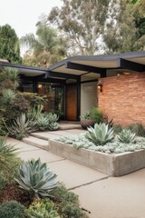 Fototapeta premium This contemporary house features an eye-catching design alongside a beautifully landscaped garden filled with vibrant plants and well-defined pathways, all illuminated beautifully during daylight.
