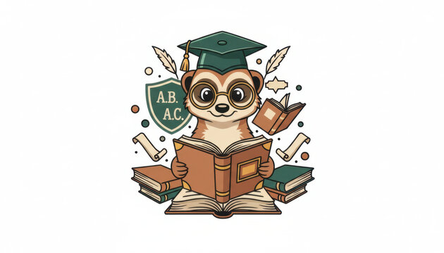 Suricate wearing hat reads book with curiosity showing cute animal surrounded by books and academic symbols in charming style