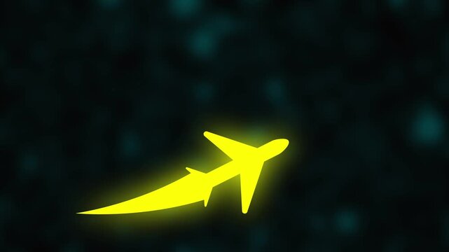 Neon Airplane Takeoff Icon with yellow Glow Trail &ndash; Futuristic Flight Symbol Animation on Dark Background