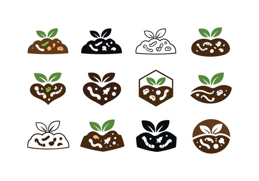 Soil fertility. Icon set. Set Logo of soil fertility: compost and microorganisms symbol. harmonious logo variations of the same emblematic