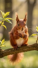 Sunny spring day with a cute squirrel on a tree