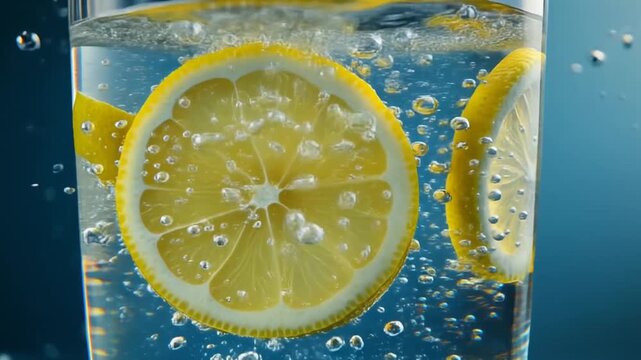 Fresh lemon slice dropping into sparkling water