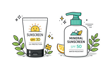 Natural sunscreen bottles. Sunscreen bottles with simple labels placed near small plants or leaves. Feeling of natural ingredients, safety,