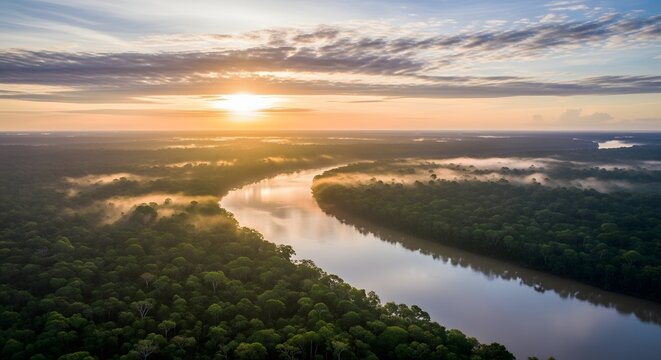 Aerial view of a serene river winding through a lush forest at sunrise