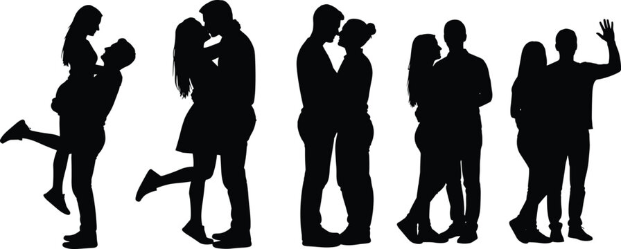 Collection of black silhouettes of romantic couples in love kissing hugging and embracing isolated on white background representing romance togetherness relationship goals and dating