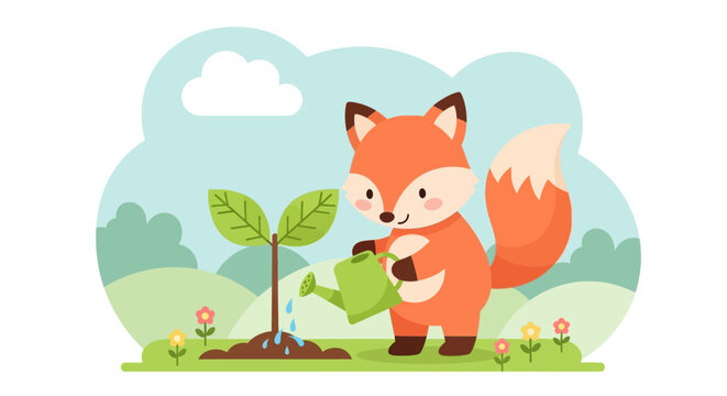 Cartoon fox watering small tree in sunny outdoor garden illustration
