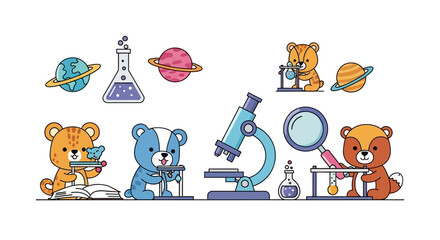 Cartoon bears exploring science with planets microscope and scientific equipment © se