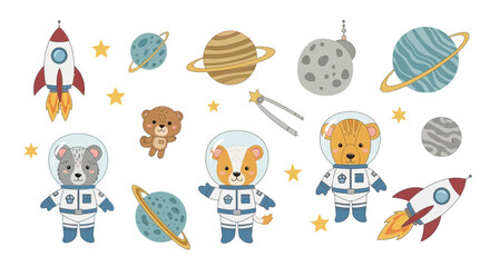 Cute cartoon space animals set with planets and rockets isolated © se