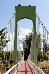 Fototapeta premium Suspension bridge with green metal structure in Udon Thani, Thailand. Wooden pathway and cables stretch across Nong Prajak Park. Clear blue sky and trees in background.