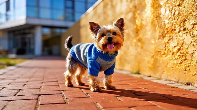 A small Yorkshire Terrier wearing a blue and gray sweater walks on a brick pathway near a yellow wall and modern building.
