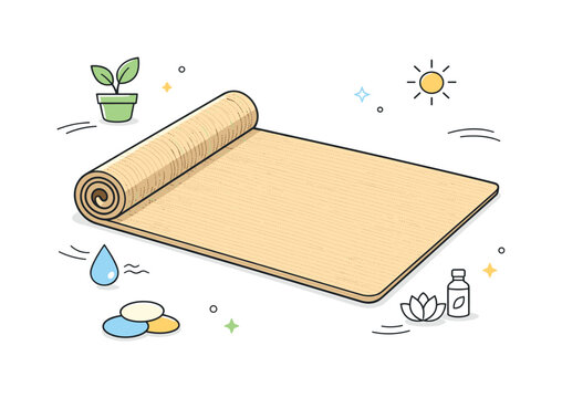 Eco Yoga Serenity. Eco yoga mat flat lay. Top view of a natural fiber yoga mat with rolled edge and light texture, placed on a clean floor with space around,