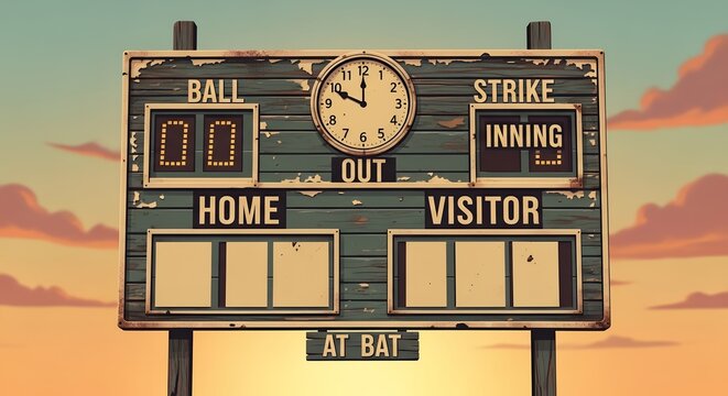 A vintage baseball scoreboard at sunset with a cloudy sky