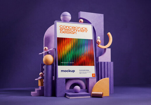 Abstract Outdoor Banner Mockup With Purple Geometric Shapes, Modern 3D Render Advertising Poster Template