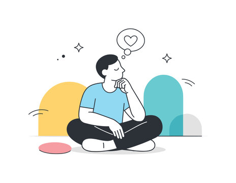 Inner reflection. Single abstract character sitting among soft geometric shapes, showing introspection and emotional awareness. Peaceful mood