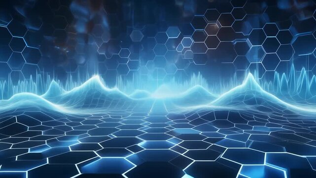 Futuristic blue hexagonal grid with glowing lines and wave patterns