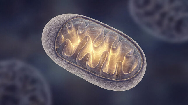 Vibrant mitochondrion revealing its luminous core, generating power for life at the cellular frontier