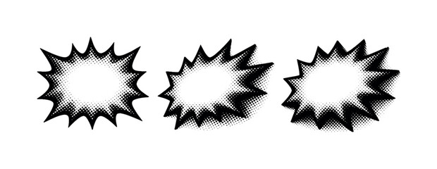 Halftone explosive burst label An explosive burst shape with negative space for typography shown in front view, side-angled view, and