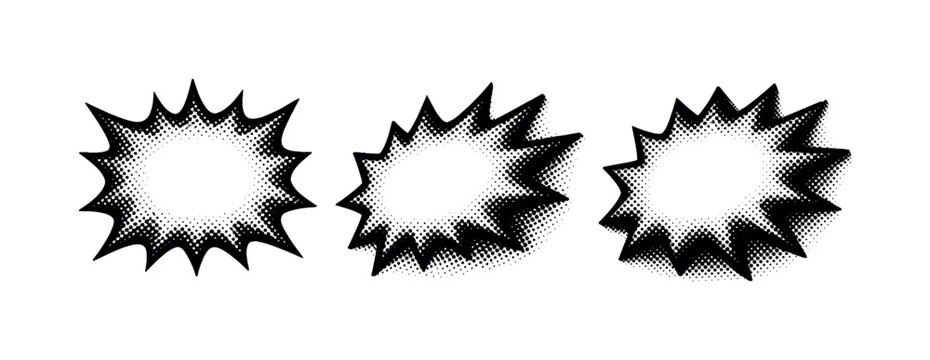 Halftone explosive burst label An explosive burst shape with negative space for typography shown in front view, side-angled view, and