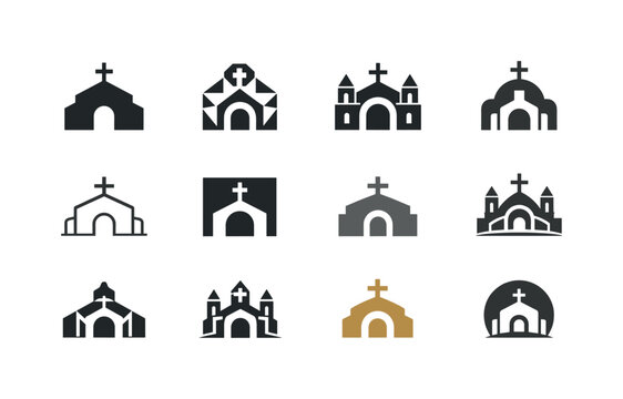 Monastic life. Icon set. Set Logo of monastic life: monastery building with arch and cross. harmonious logo variations of the same emblematic